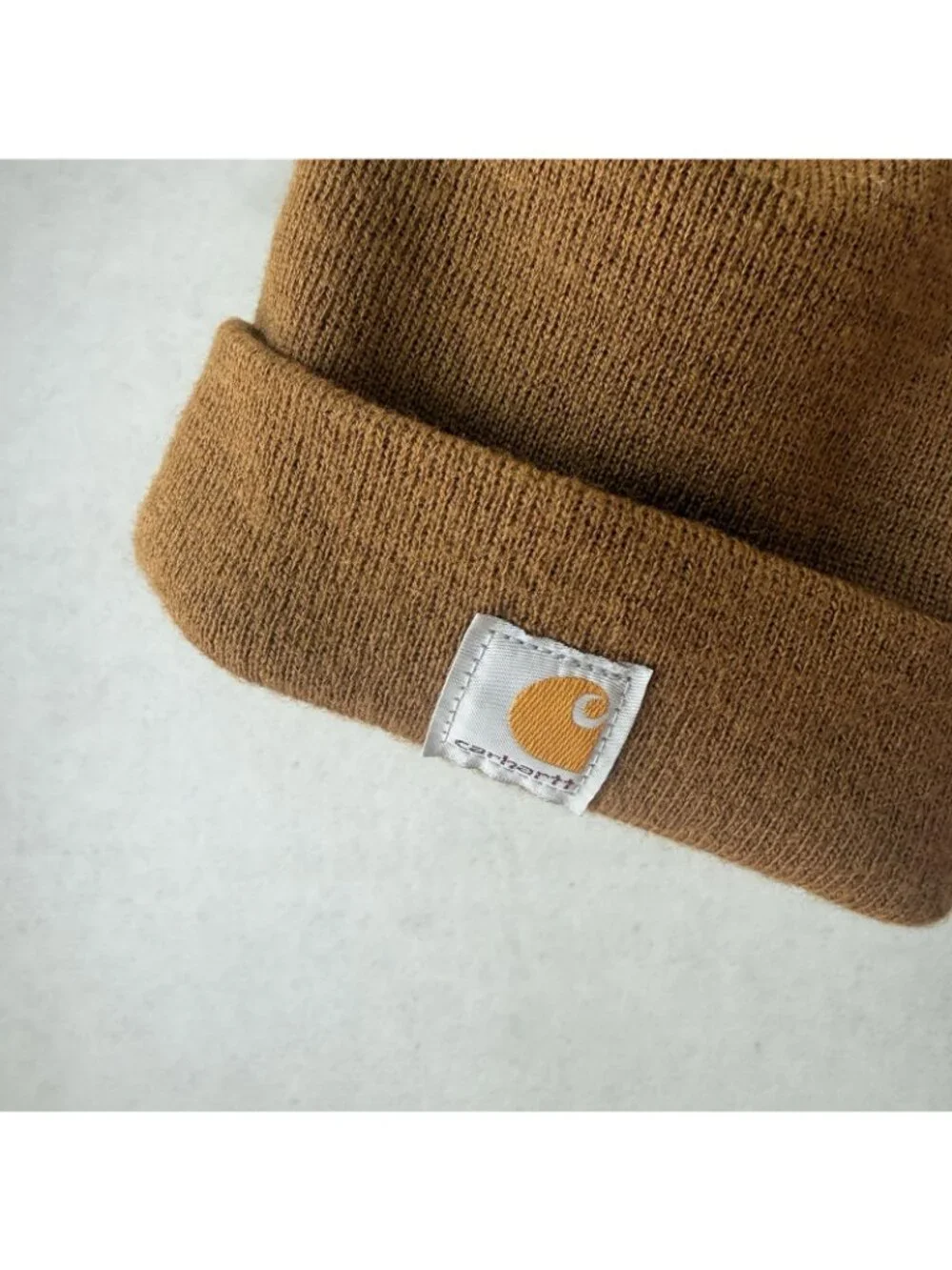 Carhartt Beanie Boys One Size Brown Knit Cuffed Logo Hat Youth Winter Workwear